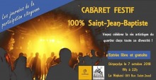 Affiche : ombres de gens regardant un spectacle d'où jaillit une puissante lumière orange et jaune. « Venez célébrer la vie artistique du quartier dans toute sa diversité ! »