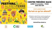 Affiche sur fond jaune. Dessins comiques d'agriculteurs de plusieurs pays et styles, dont une femme, ainsi que plusieurs fruits et légumes. Logos : VIA AGRO ; ATQ ; AGIR ; Chaire de Développement international Univ. Laval.