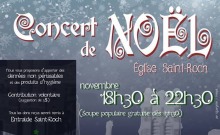 Affichette sur fond d'un ciel gris-mauve avec flocons de neige. « Concert de Noël » en lettrage très exotique avec des spirales.