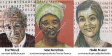 Exemple d'art : peinture de trois survivantes de génocides, chacun/chacune devant un mur de nombreux numéros. Elie Wiesel (Holocauste), Rose Burizihiza (Tutsi au Rwanda), Nadia Murad (Yézidis). Elles ne seront pas présentes.