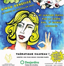 Affiche : dessin d'une femme blonde faisait le signe OK avec ses doigts. Une bulle de pensée présente des petits dessins de chapeaux. Sur fond bleu nuageux. Logo d'appui de la Caisse Desjardins.