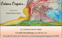 Affichette : peinture d'un petit arbre aux feuilles colorées, sur fond d'une tempête de couleurs, dégradées de jaune, rouge, bleu ciel, vert, etc. Le côté gauche de la tempête ressemble à un visage humain. Le côté droit à un soleil aux rayons bleus.