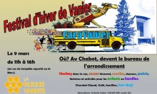 Affiche : dessin d'un autobus scolaire avec un chameau caravanier sur le dessus, un sapin hivernal, des petits personnages dont certains jouent au hockey, etc.