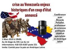 Affiche : dessin de soldats américains courant vers un baril de pétrole sur le Venezuela.