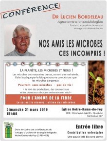 Affiche sur fond gris nuage : portrait de M. Bordeleau (âgé, cheveux blancs, lunettes, souriant). Photo d'une pousse de plante sur un sol brun et riche.