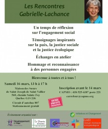 Affiche : petit portrait de Gabrielle Lachance (femme aux cheveux blancs, souriante, chemise bleu ciel). Logo des groupes nommés dans l'annonce ici.