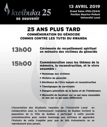 Affiche sur fond gris-blanc résumant l'horaire. Dessin d'une flamme grise sur noir avec le mot « kwibuka 25 »