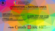 Affichette horizontale, sur fond de formes géométriques inégales, souvent triangulaires, de couleurs plutôt arc-en-ciel. Logo : Alliance étudiante en développement durable de l'Univ. Laval ; AÉLIÉS ; Canada ; Univ. Laval ; Institut EDS. Certifié écoresponsable.