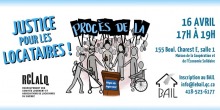 Affichette sur fond blanc: dessin de personnages gris, manifestant en groupe serré, dont une poussette, une personne en fauteuil roulant, etc. Logo du BAIL. Détails transcrits dans cette annonce.