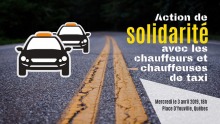 Affichette sur fond du pavé d'une route moderne, avec lignes oranges au milieu, qui mène dans le noir. Dessin de deux taxis.