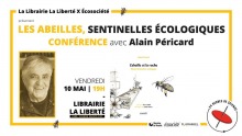 Affichette sur fond blanc, avec un cadre jaune. Portrait de M. Péricard, souriant. Dessin d'une abeille tiré de son livre. Logo du 24 heures de science.