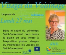 Affichette sur fond vert pomme : photo d'une dame souriante, cheveux blonds courts, lunettes, environ 40-50 ans. Logo : Ville de Québec ; Loisirs Saint-Sacrement.