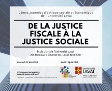 Affichette sur fond bleu ciel : comme si on voyait quatre gratte-ciels vus du sol. « De la justice fiscale à la justice sociale. Ouvert à tous et toutes ». Logo : IDÉA et Univ. Laval.