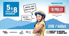 Affiche horizontale : jeune fille portant un casque de vélo bleu et jaune. « Jamais sans mon casque » « buffet et deux bières ». Logo promo : bière Tremblay. Logo: Slow Cow ; Garneau (magasin de vélo) ; CHU UL (hôpital) ; Univ. Laval.