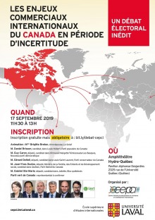Affiche sur fond blanc : carte du monde avec le Canada en rouge. Six petits portraits des candidatures invitées; une femme. Logo : CEPCI et Univ. Laval
