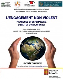 Affiche sur fond blanc : deux mains entourent un globe terrestre avec dessin de colombes. Logo des organismes.