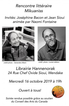 Affiche sur fond blanc : photos noir et blanc de Joséphine Bacon et Jean Sioui. Logo: dessin de l'ombre d'une femme qui écrit, des plumes en jaillit, dans un cercle orange.