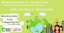 Affiche horizontale sur fond vert lime ou pâle : dessin d'une planète bleue avec des immeubles et arbres vert pomme autour. Dessin aussi des gens avec une lumière au-dessus (représentant une idée). Logo ATQ et CJC.