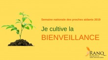 Affichette sur fond jaune : une plante pousse dans un tas de terre brune. « Je cultive la bienveillance »