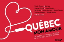 Affiche sur fond rouge-rose vif. Dessin d'un fil blanc, formant un coeur, et branché sur le titre Québec mon amour.