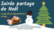 Affichette horizontale sur fond turquoise : bonhomme de neige blanc, sapin vert surmonté d'une étoile jaune, biscuits.