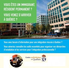 Affichette : photo des immeubles à bureau du centre-ville de Québec. Logo du centre et mini-photo d'une séance d'information.