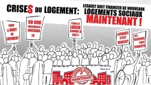 Affiche horizontale sur fond gris et blanc : Crises du logement : Legault doit financer de nouveaux logements sociaux maintenant !  Dessin d'une foule, à traits simples noirs sur blanc, tenant des pancartes « droit au logement », « Legault c'est urgent », « besoins criants ».