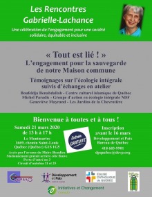 Affiche sur fond gris et vert vif : portrait de Gabrielle Lachance. Logo : CAPMO, Dev. et Paix, Initiatives et Changement, Église catholique de Québec, un autre inconnu.