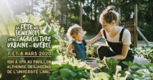 Affichette sur fond d'une photo d'une jeune mère avec une très jeune enfant dans un jardin très vert.