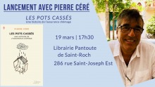 Affiche verticale sur fond bleu poudre : miniature de la page couverture, soit un dessin simpliste d'une maison au-dessus de laquelle un nuage laisse tomber de la pluie. Photo aussi de Pierre Céré souriant, au soleil.