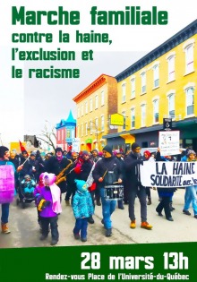 Affiche sur fond d'une photo d'une manifestation sur une rue de Québec. Des enfants vers l'avant, en vêtement pour l'hiver.