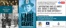 Affiche horizontale : trois photos anciennes. Un groupe d'hommes/femmes sérieuses ; femmes manifestant sur la rue (style années 30-40) ; Pierre Gravel, photo en filtre bleu.