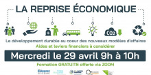 Affiche horizontale sur fond blanc : six icônes vert et bleu-vert de gens, Internet, autobus, lumière, recyclage, etc. Logos : cinq organismes et fonds en développement économique régional.