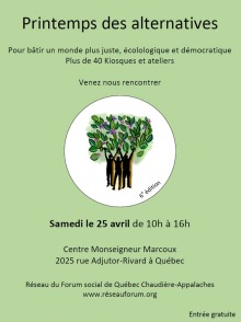 Affiche sur fond vert pomme pâle : au centre, dessin de trois personnes (ombres noirs) tenant des branches d'arbre feuillues. 