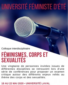 L'affiche 2020 : photo d'un micro moderne ; l'arrière est flou et violet. « Une vingtaine de personnes issues de différentes disciplines ... pour proposer un examen critique autour des enjeux reliés au corps et des sexualités.»