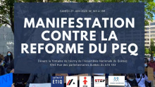 Affiche horizontale sur fond d'une photo de la dernière manif au soleil : logo ETIQ, FTQ, STEP, Le Québec c'est aussi nous.