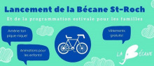 Affiche horizontale sur fond turquoise vif : dessin d'un vélo et bulles de paroles bleu marin « Amène ton pique-nique ; animations pour les enfants ; vêtements gratuits »