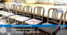 Affiche sur fond d'une photo de 8 sièges en bois, mais certains ont un X colorés dessus. « Ensemble pour vous - Vos comités sectoriels » - Logo du Québec.