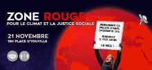 Affichette sur fond de nuit étoilée teinte violette : grande lune rouge. Une jeune femme tient un carton se lisant « Abandonner les projets à haute émission de GES. Renforcer le filet social. Ça urge ! »