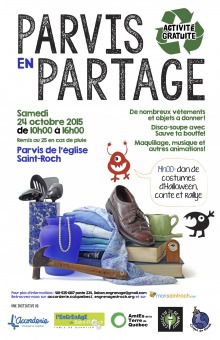 Affiche : plusieurs petits objets empilés : vase, soulier, tasse, etc. Symbole vert du recyclage.