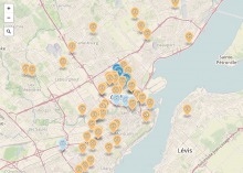 Capture-écran d'une carte Google de Québec et Lévis avec plusieurs marqueurs de lieux.