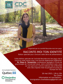 Affiche : photo de Docteure Maya Yampolsky, marchant dans une forêt, cheveux long bruns, souriante, chemise jaune-orange, foulard noir, environ 30 ans.