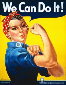 Affiche étasunienne classique: une femme en chemise bleu foncé de travail montrant son bicep et portant un foulard rouge pour tenir ses cheveux. We Can Do It ! - War Production Co-ordination Committee.