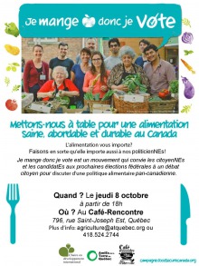 Affiche : photo de groupes devant une table couverte de fruits et légumes.