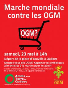 Affiche : sur fond rouge, la forme d'un panier d'épicerie avec le mot OGM.