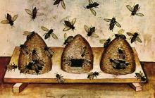 Illustration / peinture : 3 ruches entourées d'abeilles