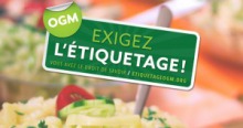 Exigez l'étiquetage des OGM : sur fond d'une photo de legumes dans un restaurant.
