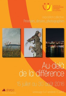 Affiche sur fond orange : deux peintures et une photot en cadres verticales. 1) paysage rappelent L'Île d'Orléans, 2) dessin d'une souris debout qui a l'air méchante, 3) photo de Québec la nuit. Le logo du CPCQ contient une « bonhomme sourire ».