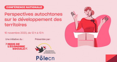 Affichette sur fond rose pâle : dessin d'une femme parlant devant un podium et micro, en robe rose. Logo de la TRESPN (3 oiseaux en vol: un gris, deux rouge) et PôleCN.