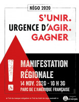 Affiche sur fond blanc, noir, avec triangle rouge : « Négo 2020 - Manif régionale »